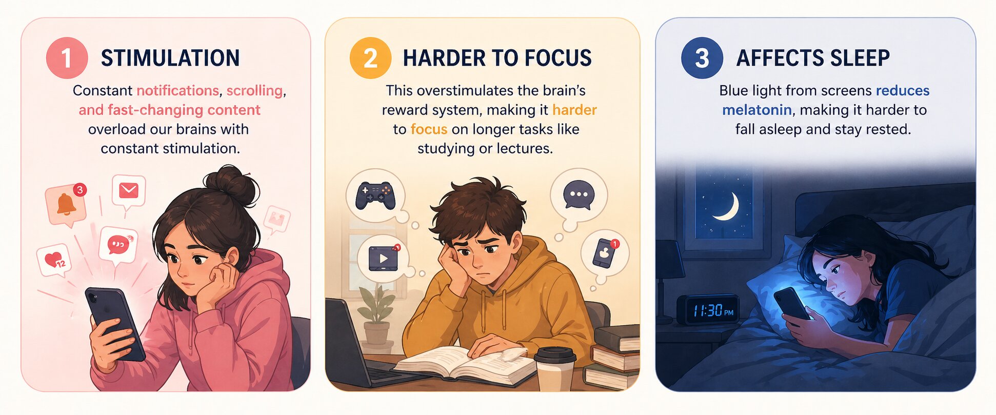 Three steps of digital overload: stimulation, harder to focus, affects sleep