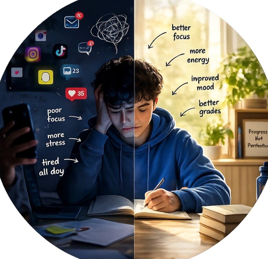 Student studying with laptop and books