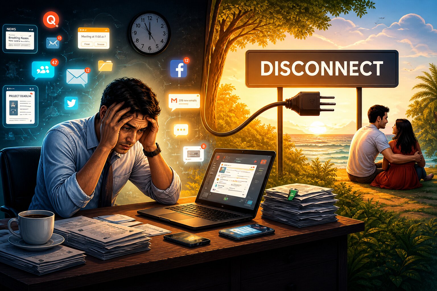 Student stressed while using laptop and phone